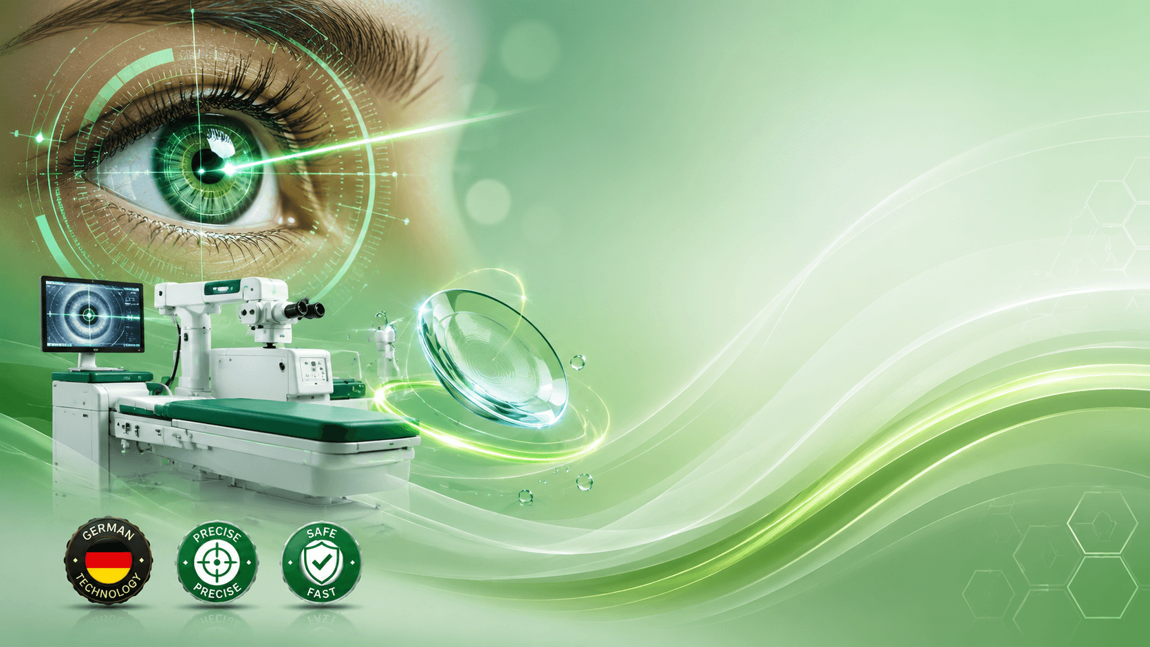 ICL lens illustration hovering above a glowing green eye